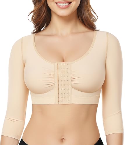 BRABIC Upper Arm Shaper for Women Fajas Post Surgery Compression Sleeves Front Closure Bra Arm Lipo Shapewear Tops(Beige Large)