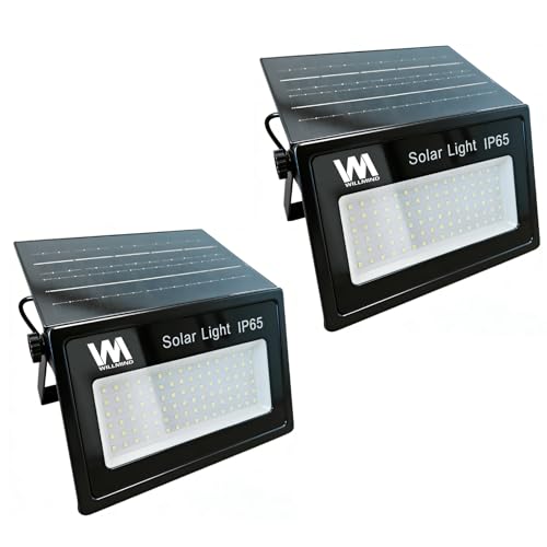 Willmind ソーラーLED投光器 屋外用 1200lm 6500K 昼光色 人感センサー搭載 自動点灯消灯 リモコン付き 角度調整可能ソーラーパネル＆LED 配線不要 電気代ゼロ IP65防水 防犯灯 ガレージ 庭 玄関 駐車場 屋外照明用 2個パック