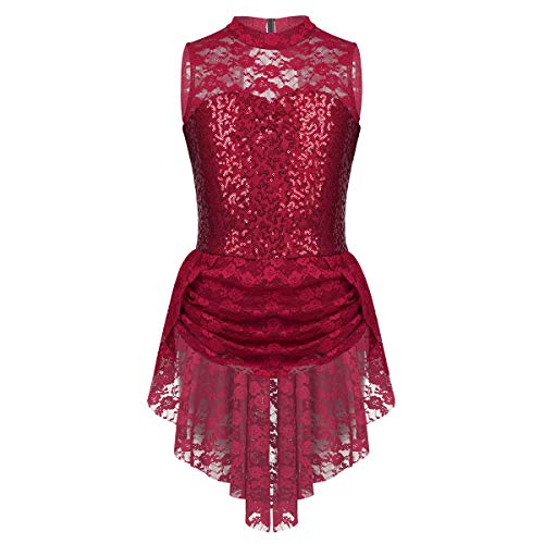 IEFIEL Maillot Patinaje Artistico Niña Lentejuelas Encaje Vestido Patinaje sobre Hielo sin Mangas Disfraz Bailarina de Ballet Ropa de Danza Lírica Rojo Vino 14 Años