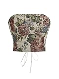 RoseSeek Women's Floral Embroidery Strapless Tube Top Lace Up Y2K Corset Crop Tops Multicolor Small