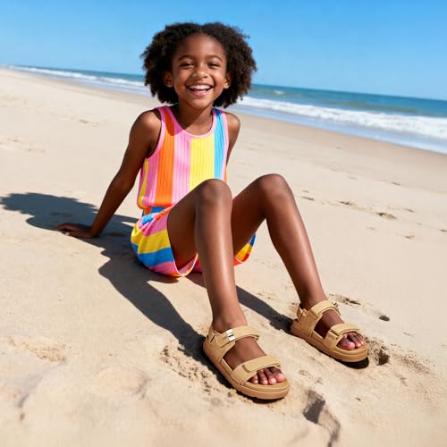 Image of FabKids Girl's Flat Sandals Comfort Adjustable Double Strap Slip on Leather Footbed Sandals for Toddler Little Kid Big Kid