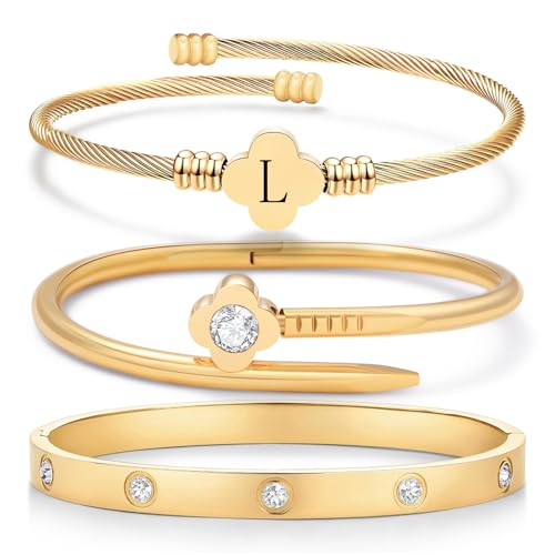 14K Gold Plated Personalized Flower Bracelet Set with Initial Charm Trendy Stackable Jewelry for Women
