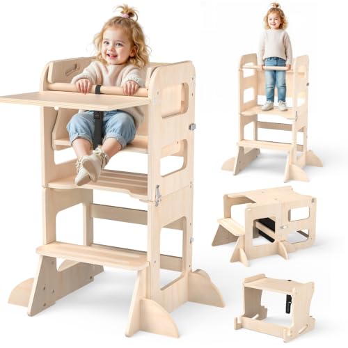 Image of Toddler Standing Tower Anti-Tip Wooden Kitchen Step Stool，Wood