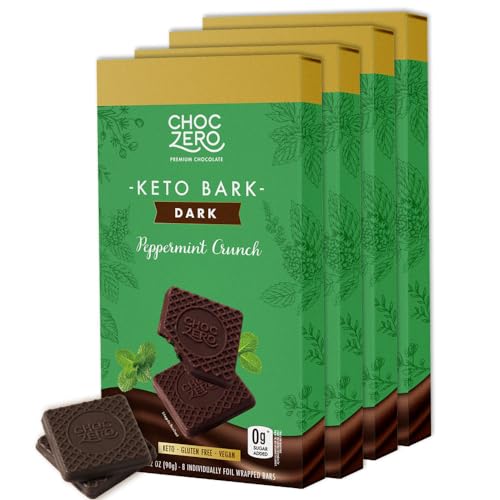 ChocZero Dark Chocolate Peppermint Crunch Bark, Sugar Free, Vegan, Low Carb, High Fiber, Keto Friendly, No Sugar Alcohols (4 Count, 3.2oz Boxes)