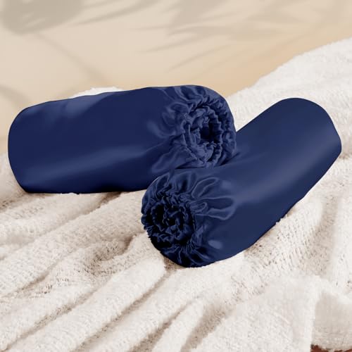 Image of Entisn 28x52 Satin Fitted Crib Sheet 2 Pack, Navy Blue | 8-Inch Deep Pocket Snug Fit, Silky Satin Protects Hair And Skin, No-Slip Reinforced Edges, Machine Washable Fade-Resistant