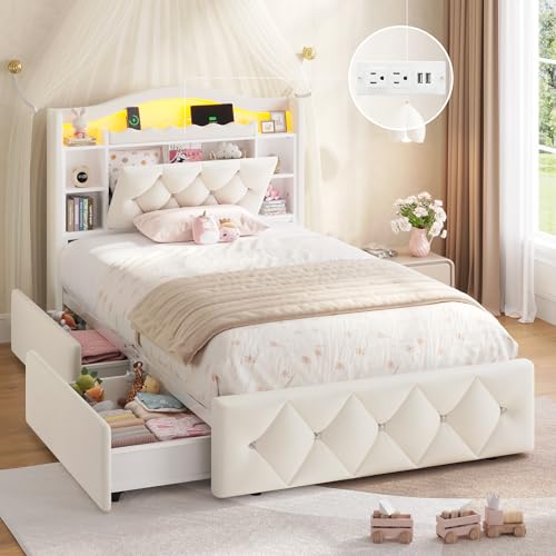 Image of DICTAC Twin Size Bed Frame for Kids with Storage Drawers, Bookcase Headboard, LED Lights and Power Outlets, Diamond Tufted Velvet Upholstered Princess Platform Bed, Heavy-Duty Metal Support, Beige