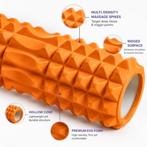 Image of Foam Roller for Exercise & Gym | Deep Tissue Muscle Massage Roller for Back, Neck, Calf & Thigh Pain Relief | Yoga, Stretching, Recovery & Fitness Workout Equipment | 33cm Orange