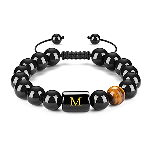 FRG Initials Bracelets for Men Letter Link Handmade Natural Black Onyx Tiger Eye Stone Beads Braided Rope Meaningful Bracelet