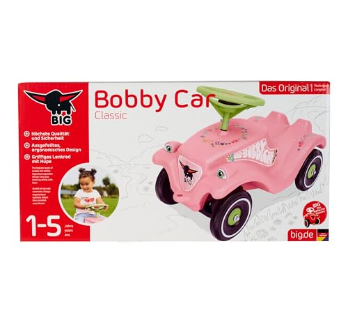 BIG-Bobby-Car Classic Flower - Kinderfahrzeug mit Blumenaufklebern für Jungen und Mädchen, belastbar bis zu 50 kg, Rutschfahrzeug für Kinder ab 1 Jahr, pastell rosa, grün