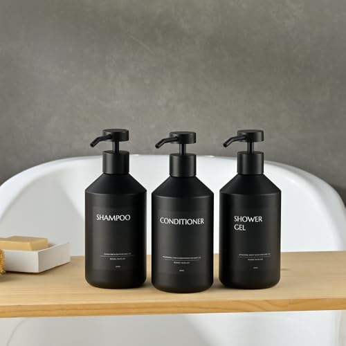 Janxin 3 Stück Seifenspender Wandbefestigung,500ml Shampoo Flaschen zum Befüllen,Duschgel Spender,Seifenspender Schwarz Ohne Bohren for Kitchen and Bathroom (Schwarze Flasche + schwarzer Kopf)