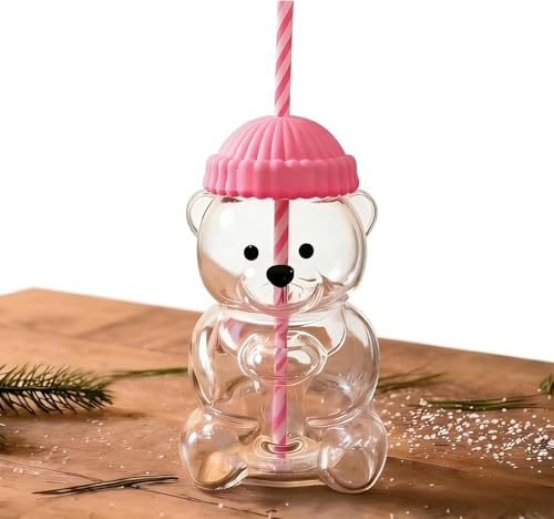Image of New Glass Bear Straw Cup 600ML Cute Bear Glass Tumbler with Reusable Straw - Viral Animal Design for Smoothies, Boba & Iced Coffee (Pink)