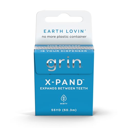 GRIN X-Pand Floss Box, Expands Between Teeth, 55 Yards (50.3m), Minty Flavor, Recyclable Packaging, 165 Feet of Strong Fine Dental Floss, No More Plastic Container, No Shredding or Breaking
