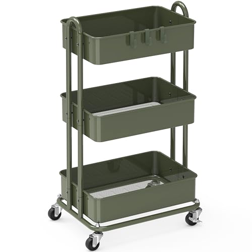 Image of Simple Houseware 3-Tier Heavy Duty Metal Utility Rolling Cart, Army Green
