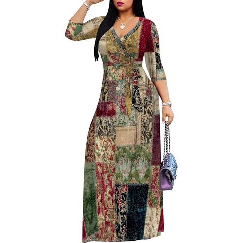 Image of Women's Plus Size Maxi Dresses Long Sleeves V Neck Floral Print Bohemian Swing Long Dress with Belt