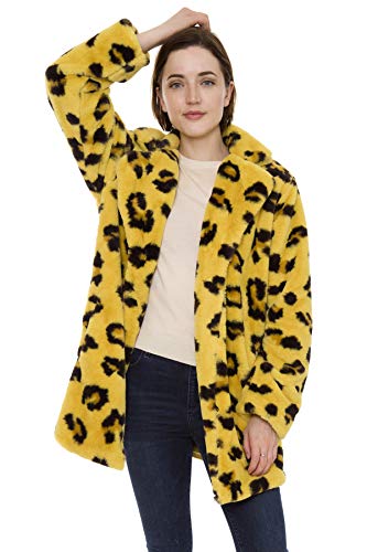 Leopard Patterned Women's Winter Faux Fur Warm Open Front Pockets Cardigan Notched Lapel Sweater Zipper Closure (Mustard)