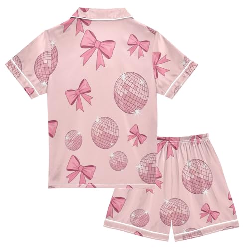 Satin Pajama Sets Short Sleeve Pink Disco Balls Bows Button Down Silky Nightwear 2 Piece PJS 5-14Y2