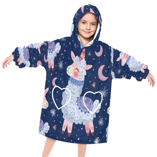 Wearable Blanket Hoodie for Kids, Cartoon Alpaca Fleece Sweatshirt Blanket Oversized Blanket Sweatshirt with Pocket Flannel Warm Hooded Blanket 6-10 Year Old Girl Boy Gift, One Size