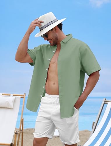 Rioofinx Men's Button-Down Shirts Wrinkle Free Short Sleeve Shirt Textured Linen-Look Casual Top for Summer, Beach Vacation Linen-Light Green XXXL — view 5