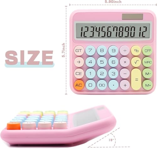 Image of Colorful Candy Mechanical Calculator - Cute 12 Digit Large LCD Display, Big Round Button, Easy to Press - for School, Office, Business, Home - Automatic Sleep (Multi-Color)