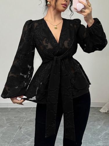 Floerns Women's Floral Lace Lantern Sleeve Blouse V Neck Flared Hem Belted Peplum Tops4