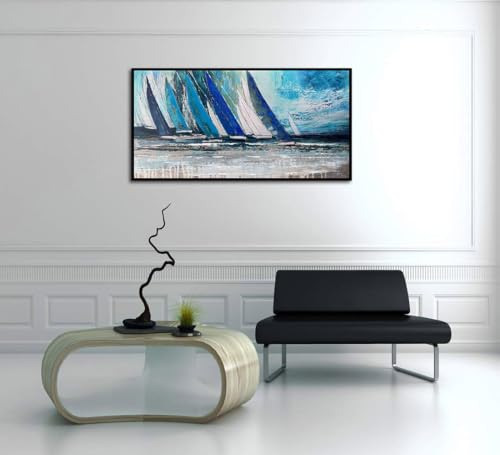 Arjun Framed Wall Art Blue Abstract Wall Art Canvas for Living Room, Teal Coastal Nautical Sailboat Picture Painting Artwork Bedroom Home Office Wall Decor, Black Wood Large 48"x24" - Image 5