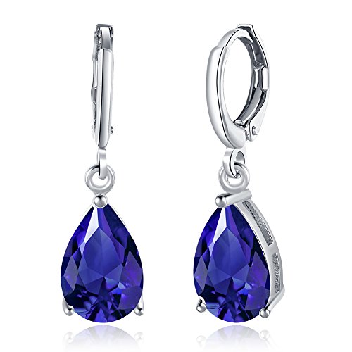 Sterling Silver Genuine Women's Fashion Sapphire Stud Hoop Jewelry Created or Simulated Gemstone Teardrop Dangle Leverback Earrings
