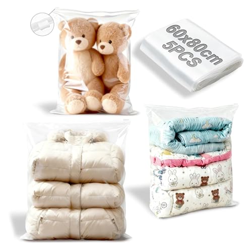 XRXYMQ 5 Pièces Sac Plastique Zip 60x80 cm Sachet Zip Transparent Grand Étanche Sac de Rangement Valise Refermable Zippé Transparent Plastique Vêtement...