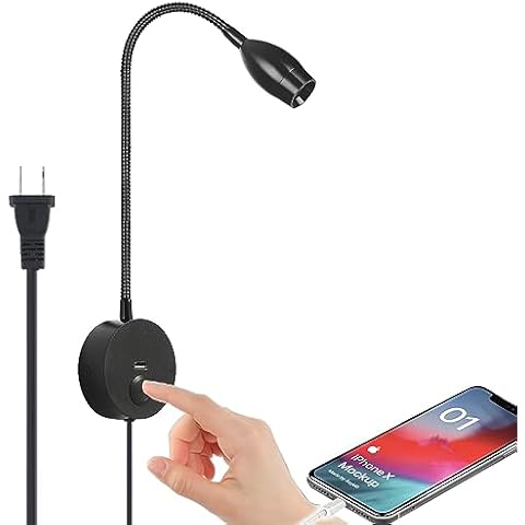 Plug in Wall Sconce, Wall Mount Book Lights for Reading in Bed, Touch Switch Dimmable LED Bedside Reading Lamp - Black, Warm White Cover