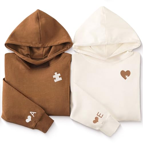 WERWAES Partner Hoodies 2er Set mit individueller Stickerei Pärchen Pullover mit Kapuze Herz und Puzzle Motiv Baumwolle Polyester Langarm personalisierbar mit Initialen