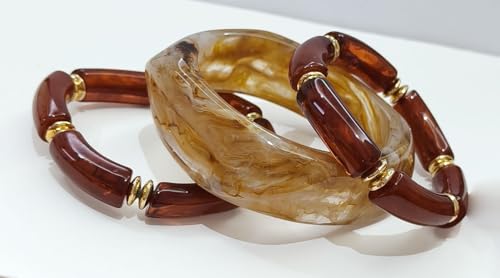 Image of Fuschianet Accessories Brown Resin Marble Bamboo Curved Beads, Broad Mustard Uneven Square Stackable Bracelets for Women and Girls Set of 3