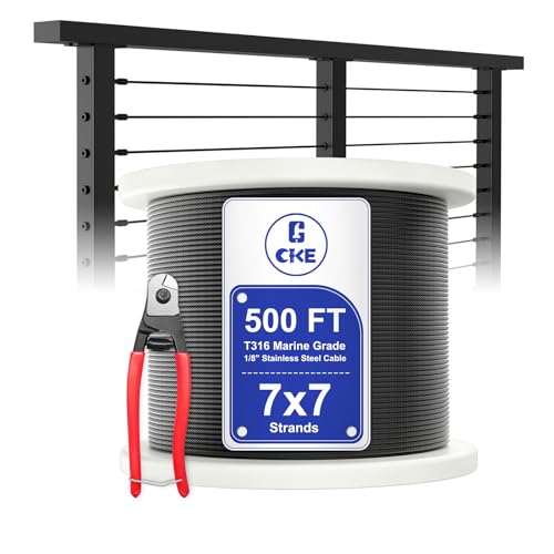 CKE 500FT 1/8 Black Stainless Steel Cable T316 Stainless Steel Cable Wire Rope for Cable Railing Hardware 7x7 Strand Construction Aircraft Wire Rope to DIY Deck Railing System BCW6