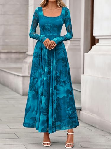 BTFBM Women Maxi Dress Fall 2025 Fashion Elegant Long Sleeve Square Neck Floral Print Party Club Wedding Guest Dresses