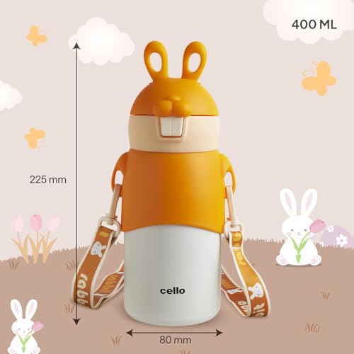 Image of Cello Bunny Kids Stainless Steel Flask 500ml, Orange | Double Walled Vacuum Insulated Technology | One Click Push Button to Open | Ideal for School, Sports, Picnics