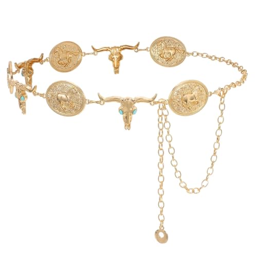 Image of WHIPPY Western Metal Concho Belt for Women Vintage Cowgirl Boho Turquoise Chain Belts for Dresses Jeans