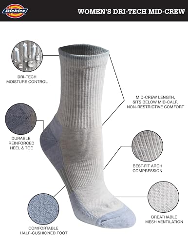 Image of Dickies Women's Dri-tech Advanced Moisture Wicking Mid-crew Socks, Available in M-l (6, 12 Pairs)