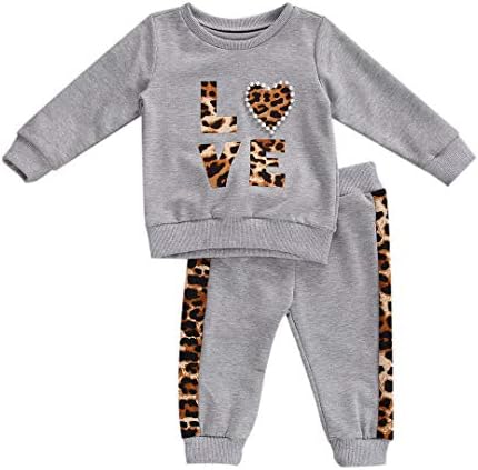 Toddler Baby Girl Leopard Love Pullover Hoodie Sweatshirts+Long Pants Trousers 2PCS Outfits Set Kids Fall Winter Clothes (Gray, 4T-5T)