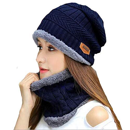 Snow Proof Inside Fur Wool Unisex Beanie Cap with Neck Warmer Set for Men & Women Beanie Cap-Free Size Winter Neck Set-image-39