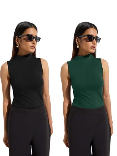 Image of KOTTY Women's Sleeveless High Neck Ribbed Tank Top Combo Pack of 2 Stylish Casual & Office Wear Tops