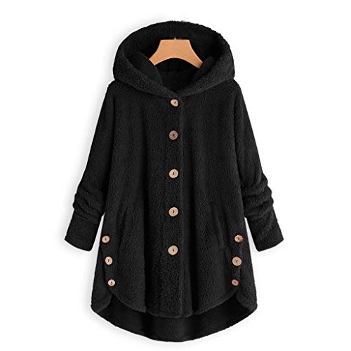 ANJUNIE Long Sleeve Overcoat Women Button Coat Fluffy Tail Tops Hooded Pullover Loose Parkas(4-Black,S)