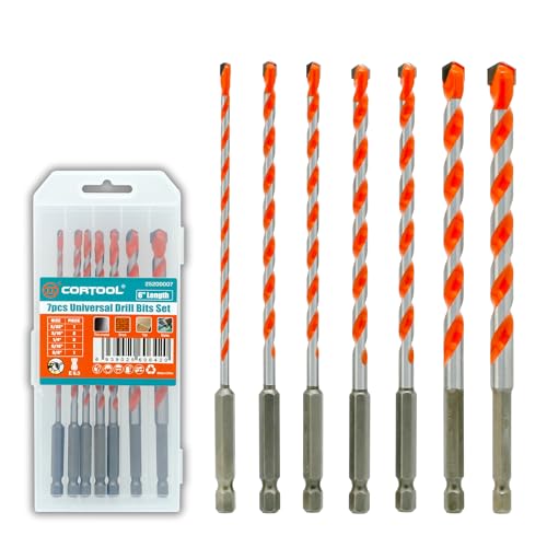 Masonry Drill Bits Set for Tile, Brick, Cement, Concrete, Glass, Plastic, Cinder Block, Wood, Fully Ground with Carbide Tips and Hex Shank Quick Change (Cortool 7PCS Set)