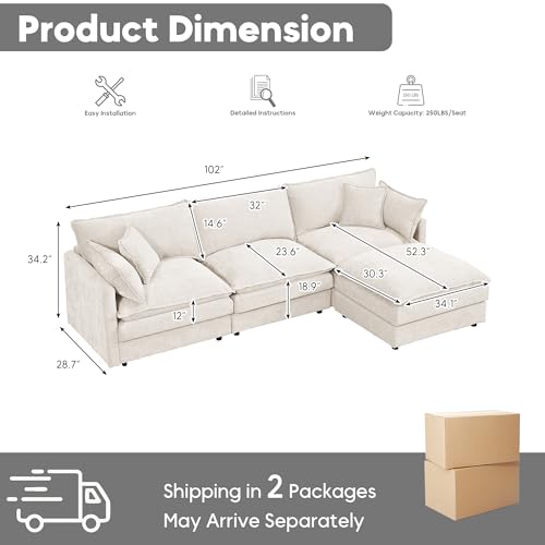 Image of 102 inch L Shaped Modular Sectional Sofa, Comfy Upholstery Chenille Cloud Couch with Ottoman, Modern 4-Seat Deep Seat Sofa with Pillow for Living Room, Apartment, Beige White