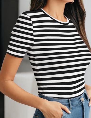 Striped Shirt Women Short Sleeve, Crewneck T-Shirts for Woman Stripes, Fitted Ribbed Tee Stretchy3