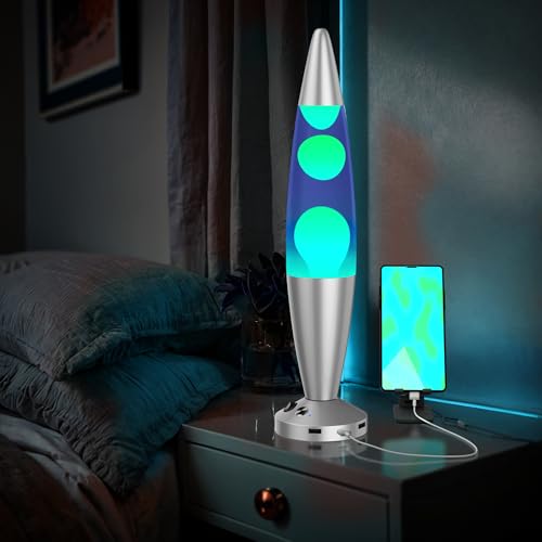 Image of JAMBO 16-Inch Beautiful Lamp with Wax, Relaxing Night Light Home Decor, Extra Tall, Living Room Office Bedroom Lamp for Adults, Teens, Kids (USB, Auto Shut Off, Silver Base, Blue Liquid, Yellow Wax)