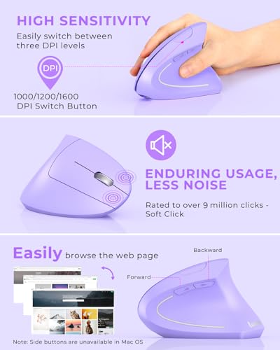 Lekvey Ergonomic Mouse, Vertical Wireless Mouse, Rechargeable 2.4G Optical Carpal Tunnel Mice with USB Receiver: 1000/1200 / 1600 DPI, 6 Buttons, for Laptop, Computer, PC, Desktop, Light Purple