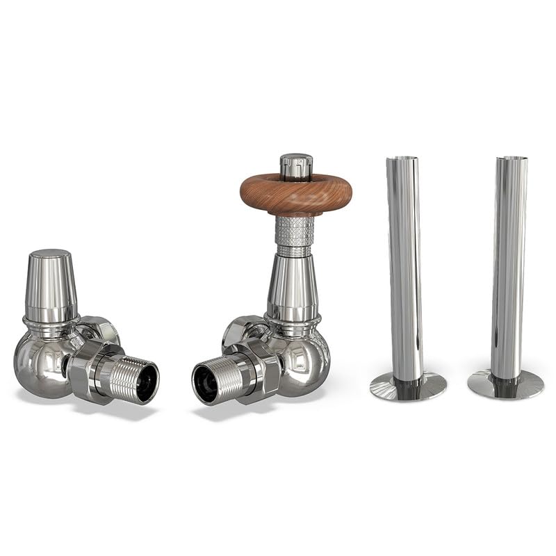 UK Radiators Chrome Thermostatic Radiator Valves and Corner Lockshield Valve - Polished Chrome Finish - Traditional Design 1/2" x 15mm Corner Radiator Valves with 130mm Pipe Sleeves