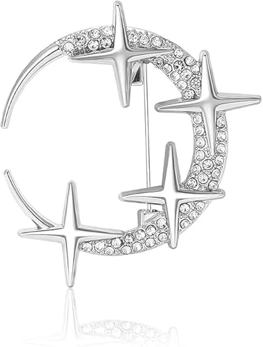 Crystal Stars Crescent Moon Brooch Pin, 1.7 x 1.5 inches