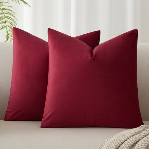 Image of JUSPURBET 16x16 Decorative Velvet Throw Pillow Covers Set of 2,Burgundy | Modern Soft Cushion Covers Cases with Hidden Zipper for Couch Sofa Bed Living Room Bedroom Christmas Decor