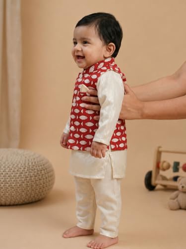 Image of Pspeaches Boys Cotton Full Sleeves Mandarin Collar Printed Kurta & Pyjamas With Jacket 3 Piece Set|Ethnic Wear For Cute Baby Boys|Traditional & Festive Outfit