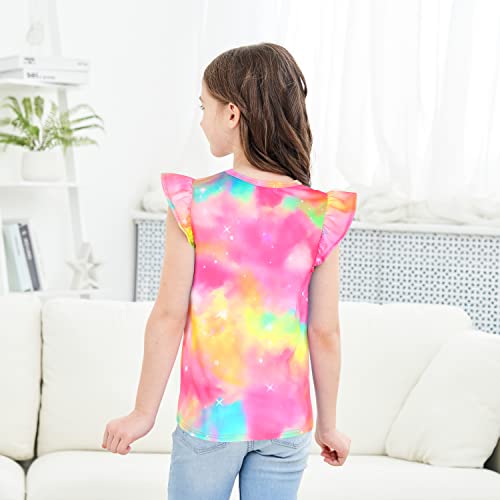 Image of JESKIDS Girls Short Sleeve Shirts Ruffle Tie Front Unicorn /Tie Dye Print Summer Tee Tank Tops 3-11 Years