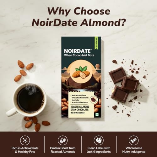 Image of NoirDate Roasted Almond Dark Chocolate - 15g, Bean to Bar, Sweetened with Dates, Refined Sugar Free, Clean Label, Healthy & Guilt-Free, Vegan, Rich in Antioxidant (Pack of 6)
